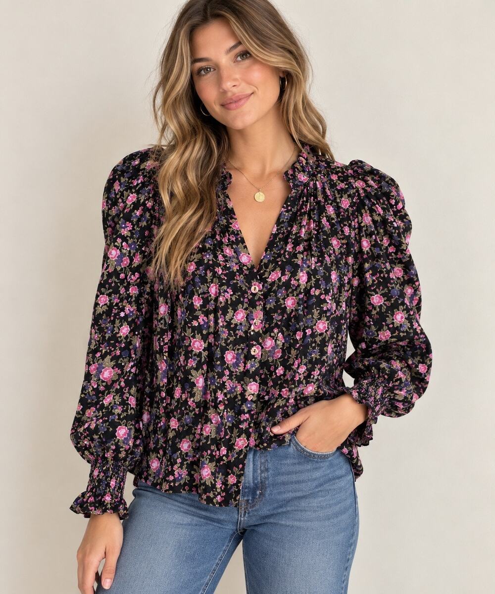 Free People Floral Blouse Size L Black Pink Puff Sleeve Button Front MSRP $98
